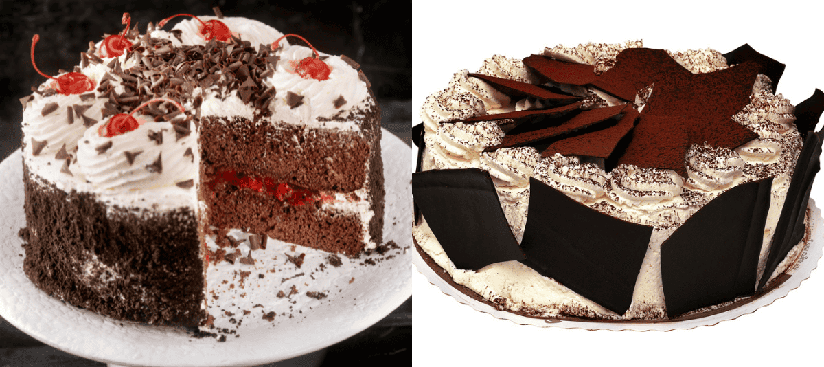 Schwarzwaldtorte i Tyskland och andra delar av världen skiljder sig från den svenska versionen. En bild på båda tårtor som jämförelse. 
