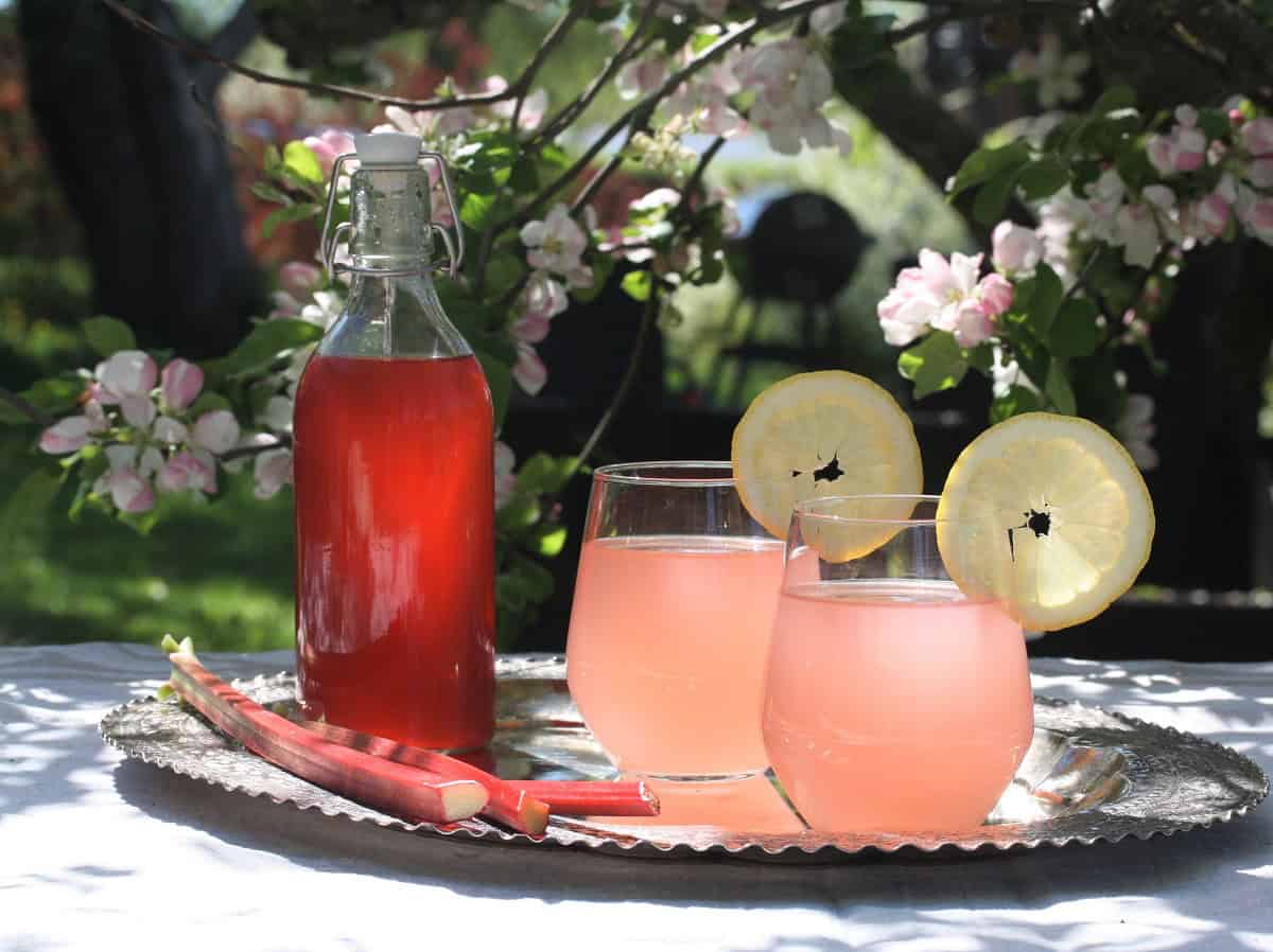 Bild på rabarbersaft. En flaska med saft och bredvid två glas med saft. Glasen är dekorerade med en citronskiva.