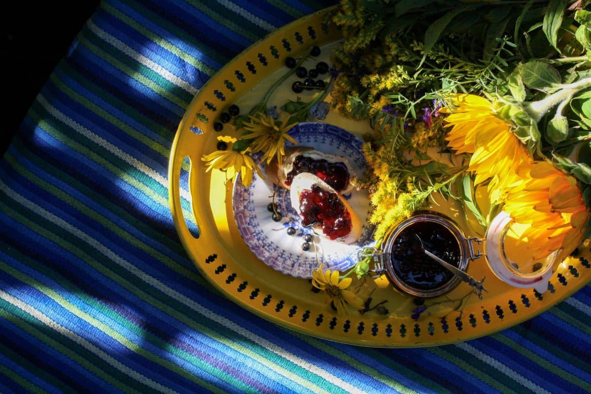 Table-top bild på en gul bricka på en blå-grön-randig duk med en assiett med en smörgås med svartvinbärsmarmelad. Gula blommor.